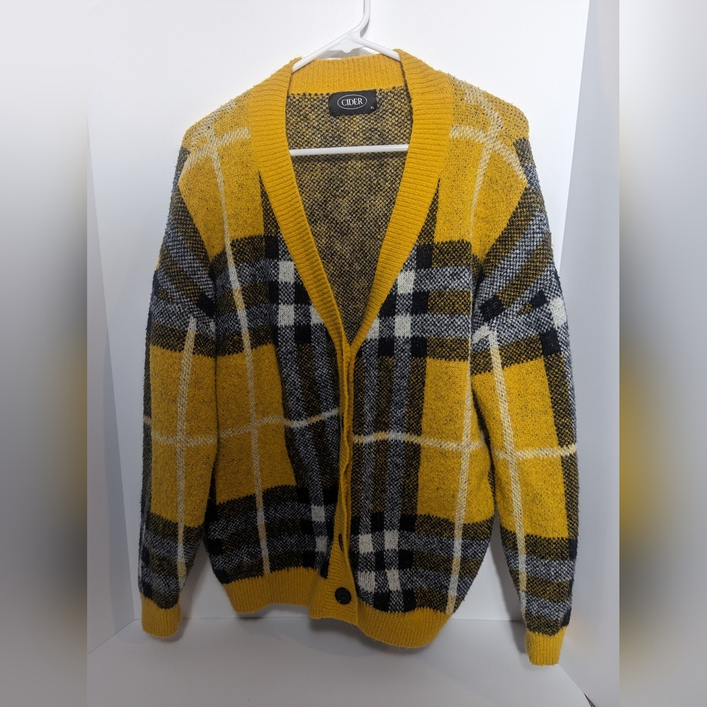 Cider Women's Size XL Yellow Plaid Wool Button Cardigan Sweater